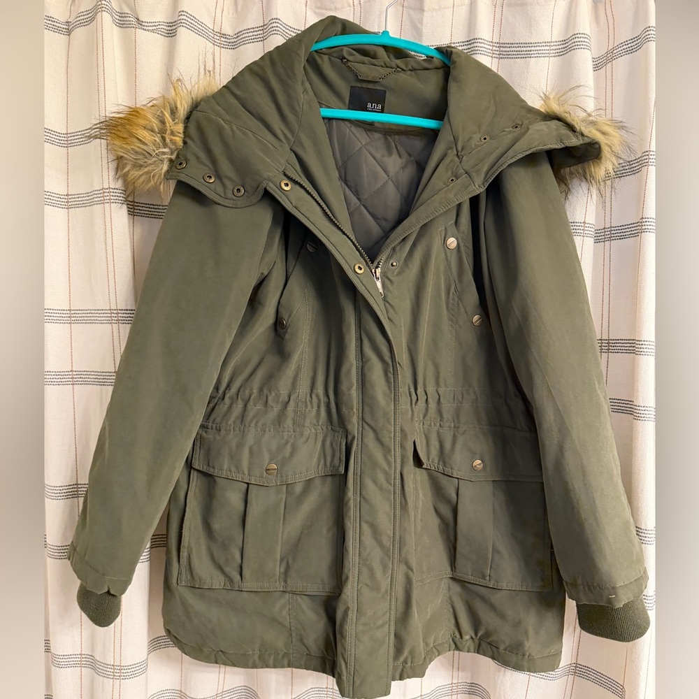 a.n.a Olive Winter Coat with Faux Fur Hood